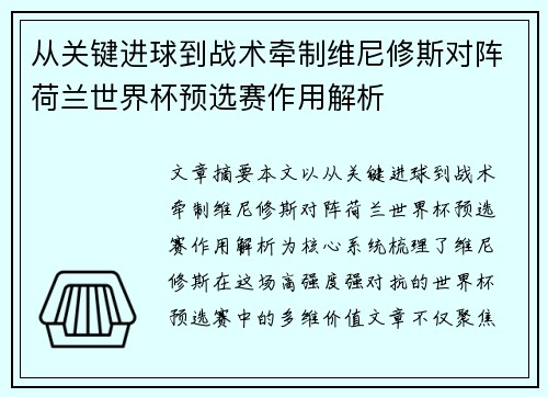 从关键进球到战术牵制维尼修斯对阵荷兰世界杯预选赛作用解析 从关键进球到战术牵制维尼修斯对阵荷兰世界杯预选赛作用解析