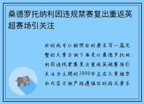 桑德罗托纳利因违规禁赛复出重返英超赛场引关注 桑德罗托纳利因违规禁赛复出重返英超赛场引关注