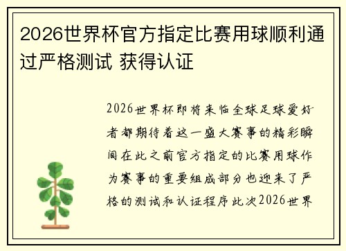2026世界杯官方指定比赛用球顺利通过严格测试 获得认证